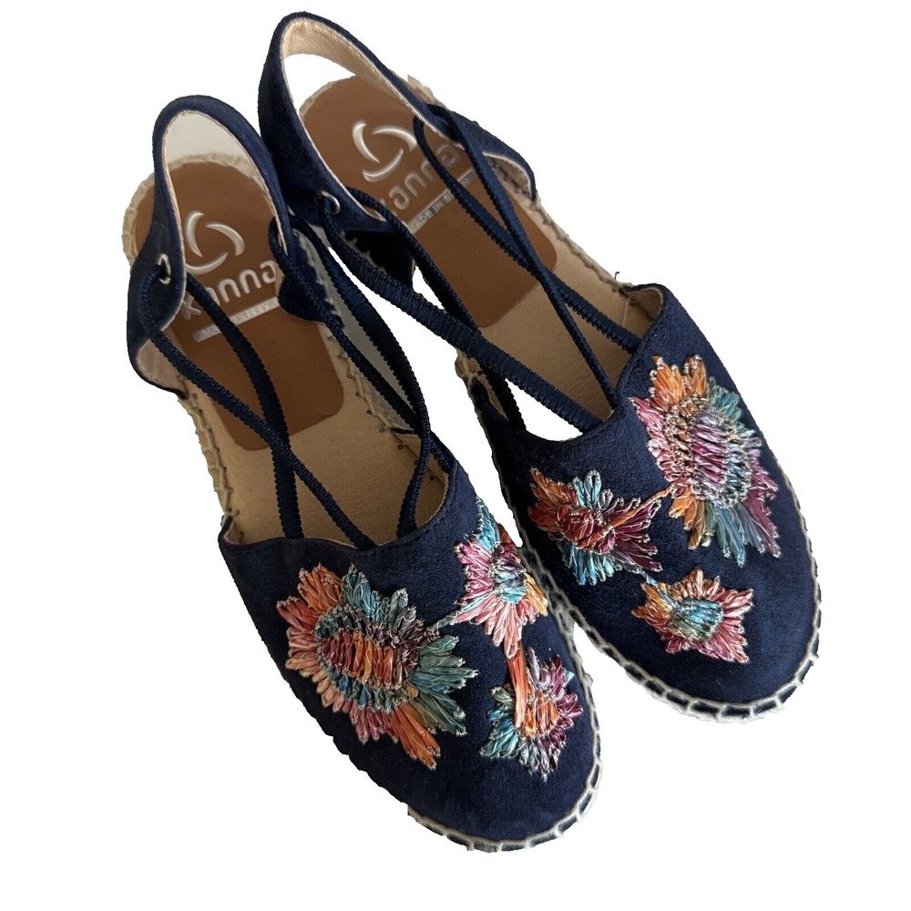 Kanna Floralβ Embroidered Espadrille Sandals Womens 36 Navy Blue Suede Spain